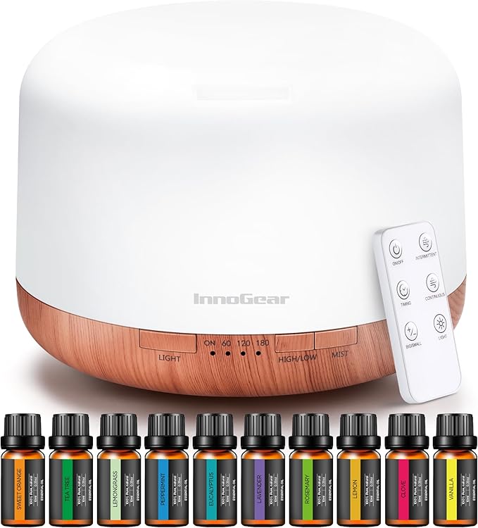 InnoGear Aromatherapy Diffuser & 10 Essential Oils Set, 500ml Essential Oil Diffuser with Remote Control Mother's Gift Ultrasonic Cool Mist Scent Humidifier Vaporizer Auto-Off Timer for Home, Yellow