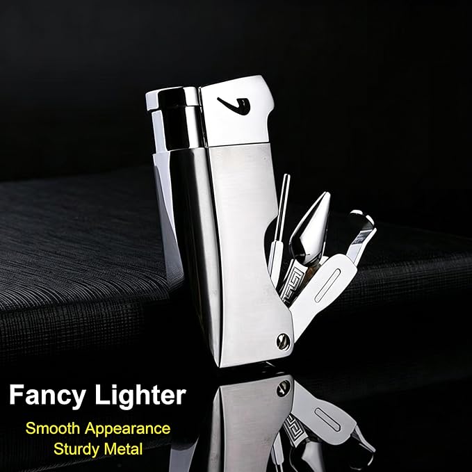 Soft Flame Butane Lighter with Built-in 3-in-1 P-ipe Tool Cleaner, Unique Refillable Candle Lighter, Angled Gas Window, Unique Gifts for Men, Birthday, Father’s Day, Valentine’s Day (Silver, No Fuel)