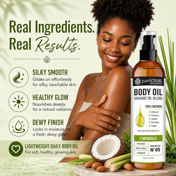 pureSCRUBS Ultra Moisturizing Lemongrass Body Oil for Dry Skin, Lightweight Full Body Moisturizer for Soft, Silky Skin, Massage & Cuticle Oil, Vitamin E Enriched, 4 oz