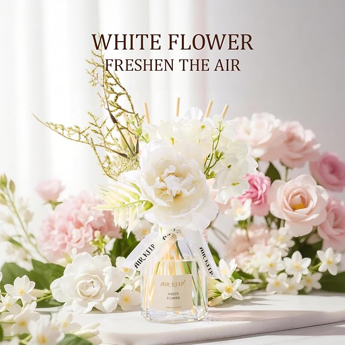 Airkeep Flower Reed Diffuser Set, White Flower Diffuser Gift Set,4.06 fl oz Essential Oil Sticks Diffusers for Bathroom Air Freshener, Aromatherapy Home Fragrance for Shelf Decor,Gift for Women Mom