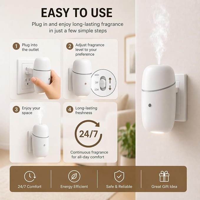 Waterless Diffuser, Quiet Essential Oil Diffuser with Low/High Levels and Timer, Plug in Diffuser with Night Light, Wall Aromatherapy Diffuser for Home, Living Room, Bedroom, Bathroom, White