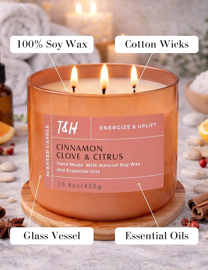 Cinnamon Clove Citrus 3-Wick Soy Candle | 15.8 oz Large Scented Candle for Home | Clean Burn Long Lasting | Spiced Lemon Lime Scent | Gift Ready
