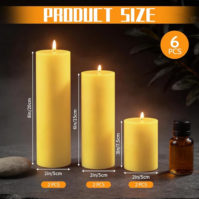 6 Pack Pure Beeswax Pillar Candles, 2x3/6/8 Inch, Natural Mild Honey Scent, Long Burning, Smokeless & Dripless for Home Decor & Prayer