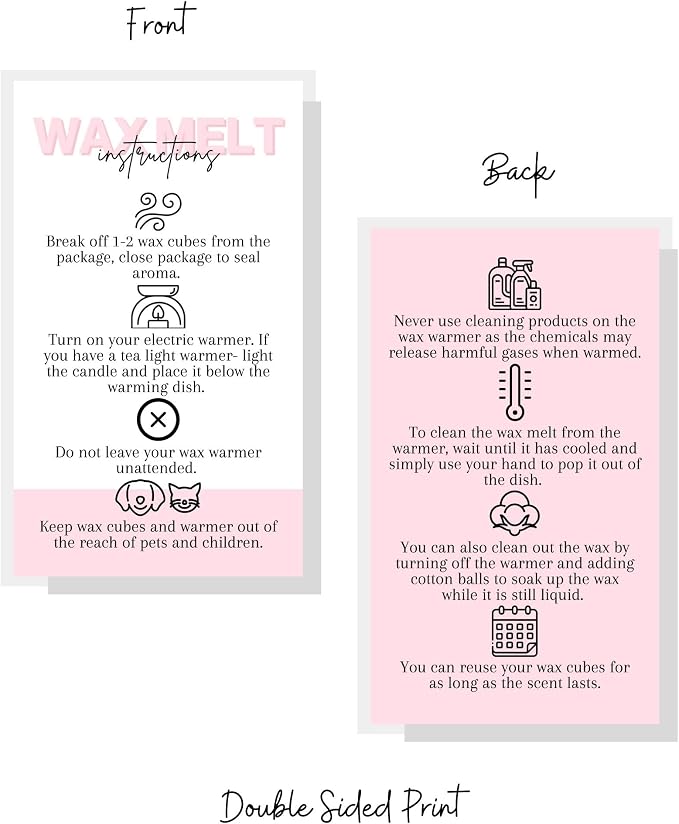 Wax Melt Care Instruction Cards | 50 Pack | 2x3.5” Business Card Wax Melt Supplies Homemade Customer thank you for Warmer Minimalist White and Pink How To Care for wax cube clamshell wickless candle
