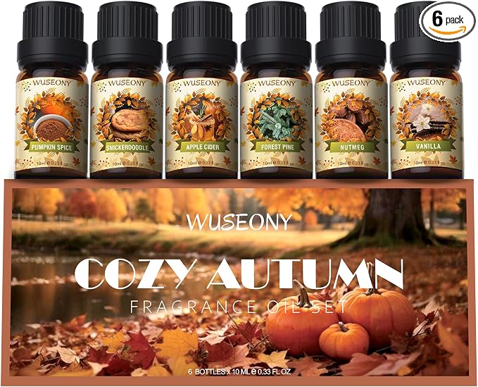 WUSEONY Fall Essential Oil for Diffusers, Autumn Fragrance Oil Set, Aromatherapy Oils Gift Set for Candle Soap Making - Apple Cider, Nutmeg, Snickerdoodle, Vanilla, Forest Pine, Pumpkin Spice, 6x10ml