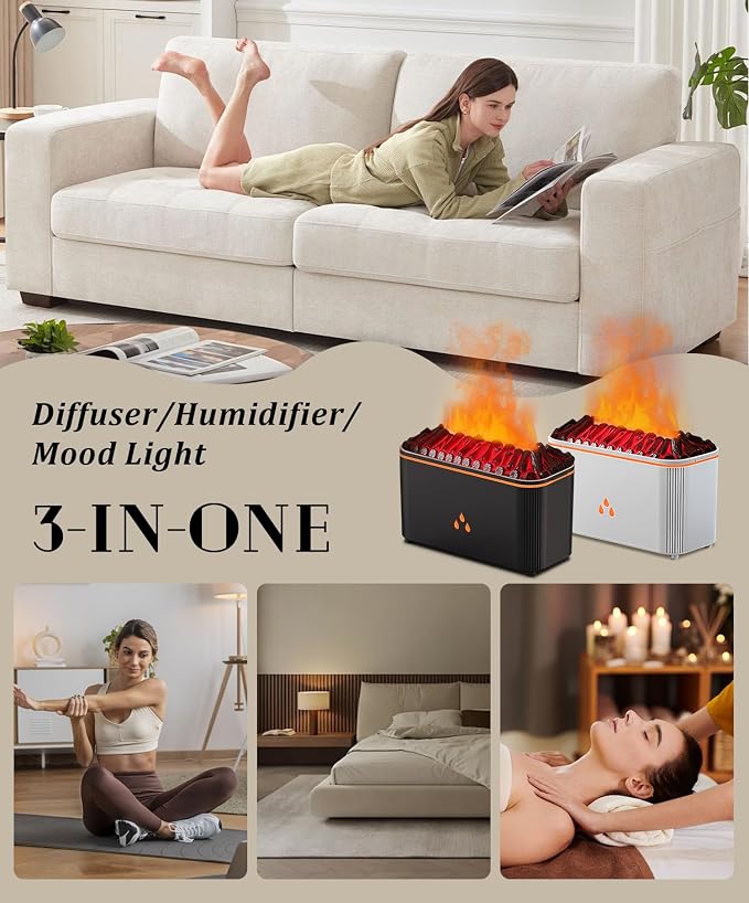 Essential Oil Diffuser, Flame Air Aromatherapy Diffuser, 7 Color Changing Light, Aromatherapy Humidifier with Auto Shut-Off for Home, Bedroom, Yoga, Spa(Black)