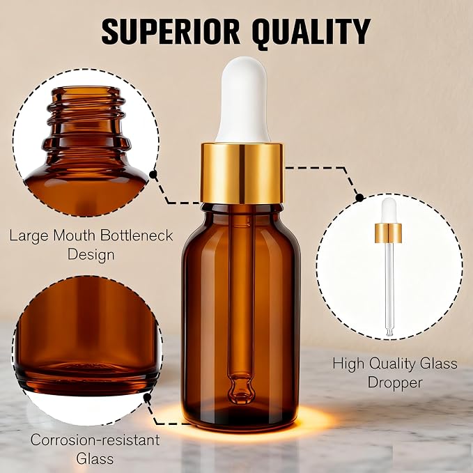 PrettyCare Glass Eye Dropper Bottles 99 Pack, 0.5oz (15ml) Small Amber Empty Thick Bottles with Leakproof Golden Caps - With Labels & Funnels for Storage, Travel, Essential Oils, Tinctures
