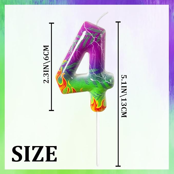 Number 4 Birthday Candle for Cake – Purple Green Flame Design with Lightning & Tire Track Pattern – Off-Road Truck Theme Cake Topper for Birthday Party Decoration