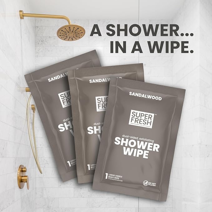 Super Fresh Shower Body Wipes, Travel Essentials for Camping, Large Sandalwood Wipes for Adults, Women, Men, Kids Personal Hygiene Cloth Enriched with Aloe and Vitamin E, Individually Wrapped 50 Pack