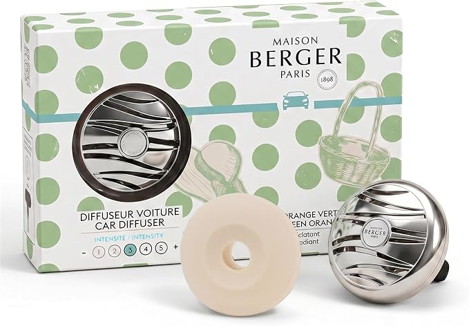 MAISON BERGER Car Diffuser Set, Zest of Green Orange | Green Orange Clementine Notes, Refillable Vent Clip with Ceramic Refill, Passive 4-Week Diffusion, Made in France