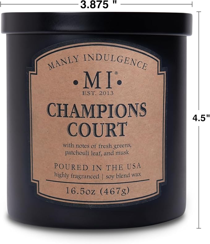 Manly Indulgence Champions Court Candles for Men, 2 Wick, 16.5 oz, Premium Soy Blend Wax, 60H Burn, Candles for Home Scented - Made in The USA