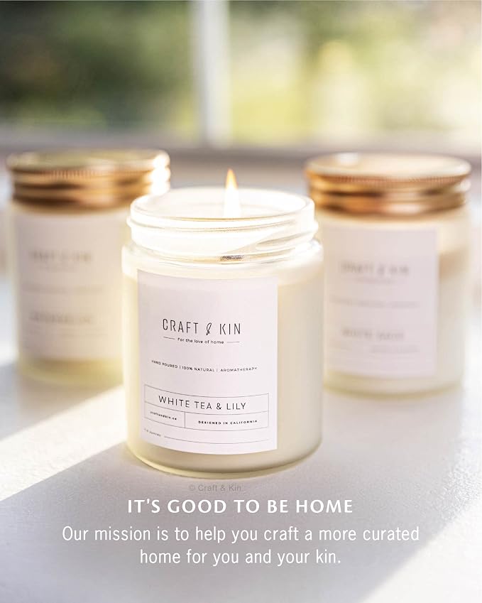 Craft & Kin Premium White Tea & Lily Scented Candle – Long Lasting, 45 Hour Burn Time – Luxury Natural Soy Scented Candle with Wood Wick – Room Decor and Aromatherapy – 8 oz