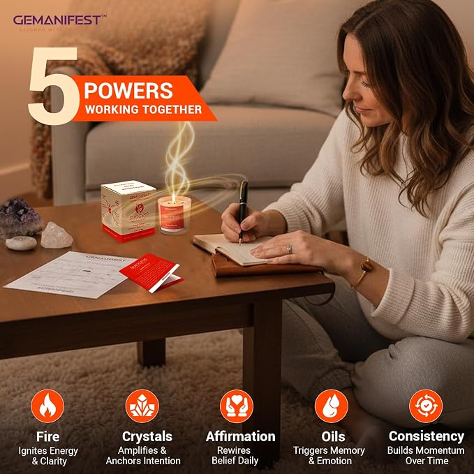 Success Manifestation Crystal Candle with Tigers Eye Bracelet for Career Business Exams Interviews Orange Scented Soy Wax for Motivation Gifts for Students Entrepreneurs and Goal Setters