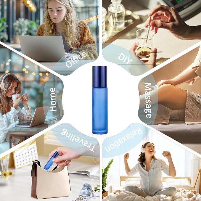 Kesell Glass Roller on Bottle, 10ml Refillable Essential Oil Bottle with Stianless Steel Ball, Pack of 10 (Light blue)