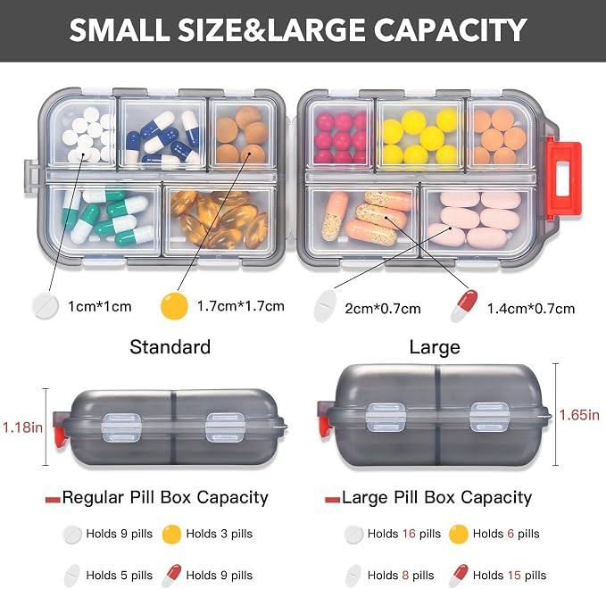 Large Travel Pill Organizer, 10 Compartments Small Portable Pill Case with 189 Medicine Labels, Compact Medicine Storage Box for Purse, Pocket, Airplane, Travel, Nurse Daily Use 3 Pack