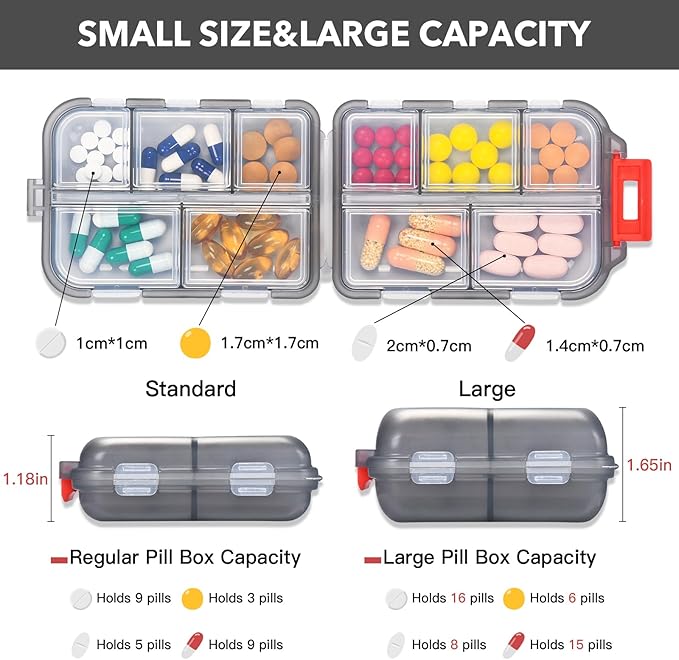 Travel Pill Organizer, 10 Compartments Small Portable Pill Case with 189 Medicine Labels, Compact Medicine Storage Box for Purse, Pocket, Airplane, Travel, Nurse Daily Use 3 Pack