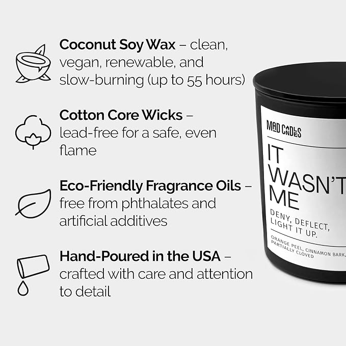 – It WASN’t Me – Sophisticated Warm Spice Scent – Bold Black Candle – 9.5 oz Coconut Soy Wax Blend, Eco-Friendly Gift for Women & Men, Hand Poured in USA, 55-Hour Burn, Clean Cotton Wick