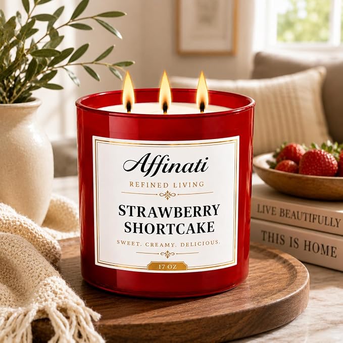 Affinati Strawberry Shortcake 3-Wick Candle – Large Soy Blend Candle, Strong Scent Throw Sweet Fruit Dessert Gourmand Bakery Candle, Premium Home Fragrance Gift