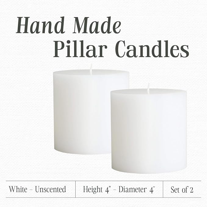 Mister Candle 4" x 4" White Pillar Candles Set of 2 – Unscented, Smokeless, Dripless Handmade Paraffin Wax Candles – Long 80 Hour Burn Time – Decorative Centerpiece & Home Decor Candle Set