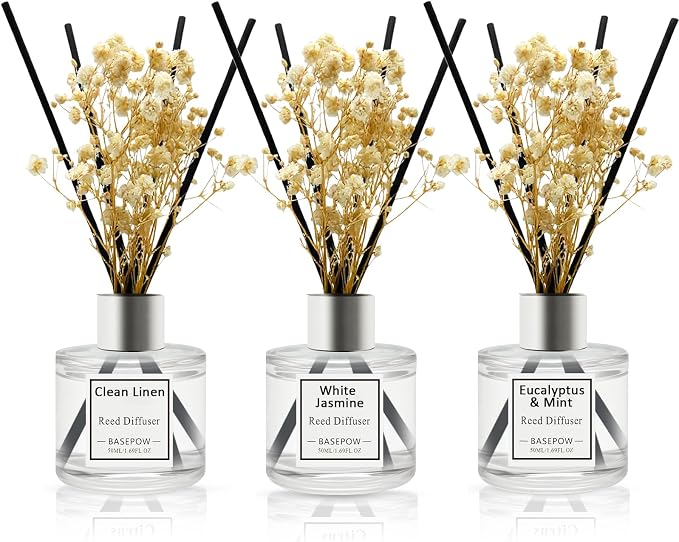 Reed Diffuser Set of 3 Pack,Clean Linen,Eucalyptus&Mint,White Jasmine Scented Oil Diffuser with 12 Sticks,Reed Diffuser for Home Living Room Office Bathroom Air Freshener,50ml x 3