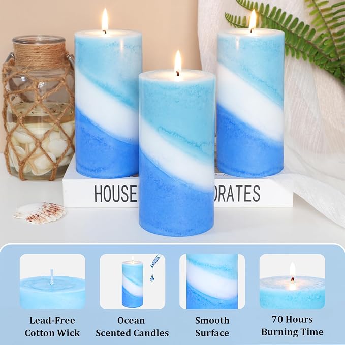 Crystal Club Ocean Scented Pillar Candle Set of 3, 70+ Hour Burning Time, 3X6 Inch Blue and White Candles, Ocean Breeze Scented Candles for Home Beach Decor