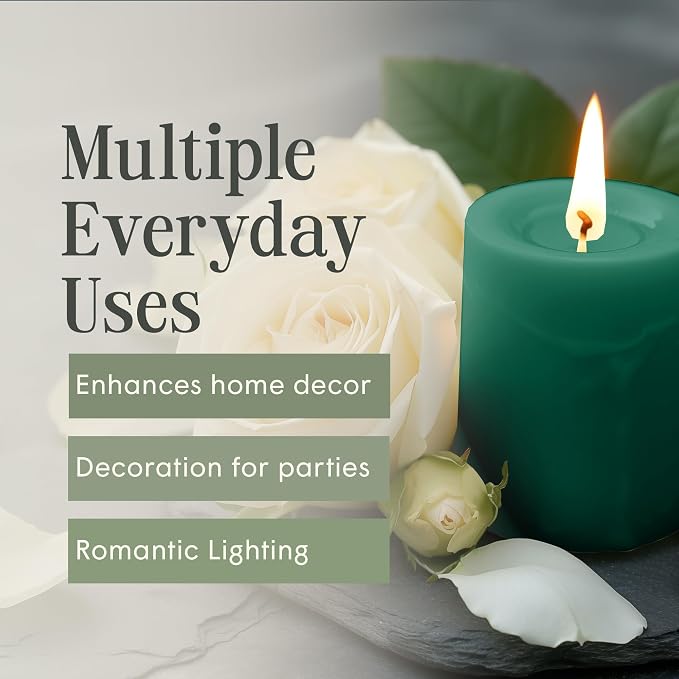 Mister Candle Dripless Unscented Green Pillar Candles, Set of 3 Hand Poured Solid Color Non-Scented Candles for Home Decor, Premium Wax, 60 Hr Burn Time - 3x4 Inch, Green
