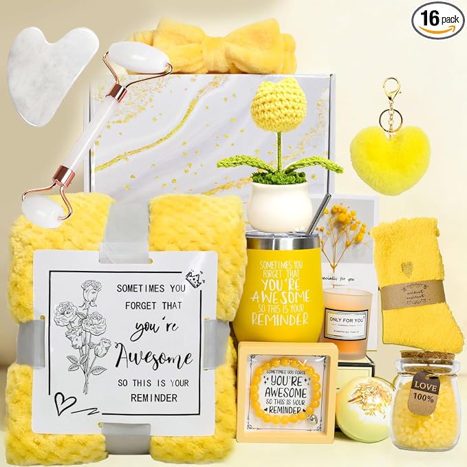 Self Care Gifts Baskets Women, 16PCS Get Well Soon Gift Box Relaxing Spa Set Care Package for Birthday, Valentines Day, Mothers Day, Christmas Gifts for Mom Girlfriend Sister Wife Grandma (Yellow)