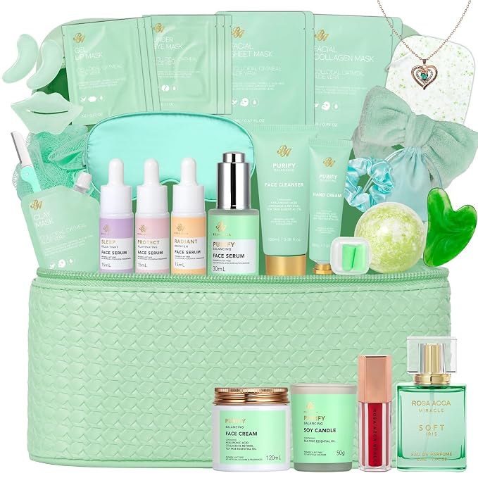 Mothers Day Gifts for Mom, 33 Pcs Tea Tree Skin Care Gift Set, Spa Gift Basket Set for Women, Necklace, Bath and Body Gift Set, Face Sheet Mask, Self Care Kit, Birthday Present, Christmas, Anniversary