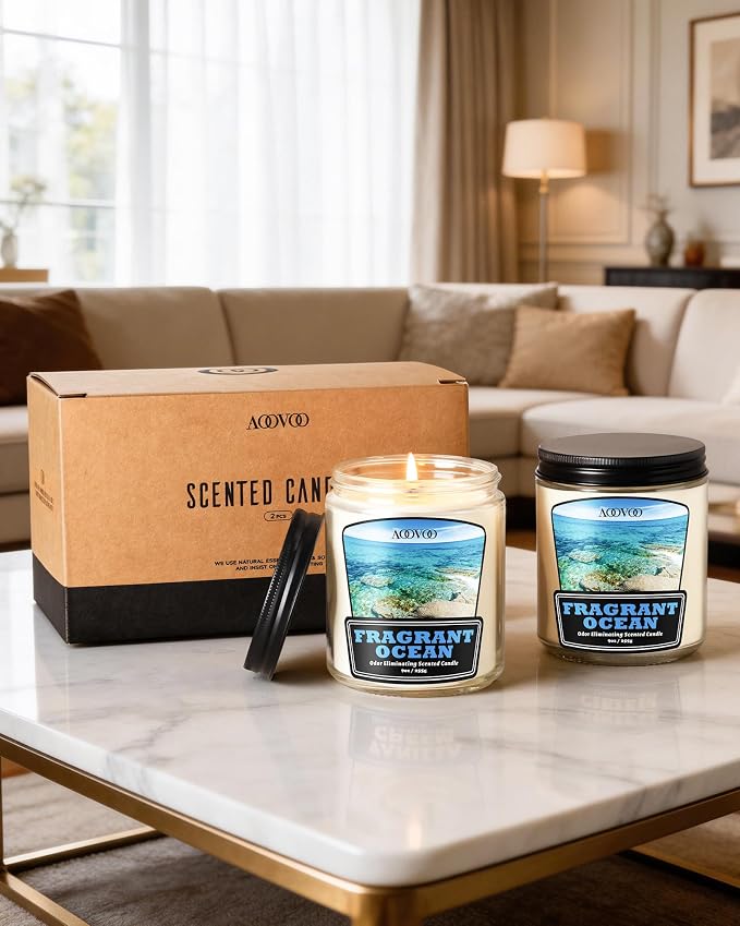 AOOVOO Ocean 2 Pack Odor Eliminating Candle - Up to 100 Hours Burn time, Eliminates 95% of Pet, Smoke, Food, and Other Smells Quickly, 18 oz Non Toxic Highly Fragranced Air Freshing Soy Candle
