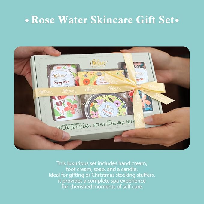 BODY & EARTH # LOVE Hand Cream Gifts Set for Women,4 Pack Peony Wish Skin Care Set Spa Kit with Hand Cream Foot Cream,Soap,Scented Candle,Birthday Gifts for Women Teen Girl Graduation Gift Teachers