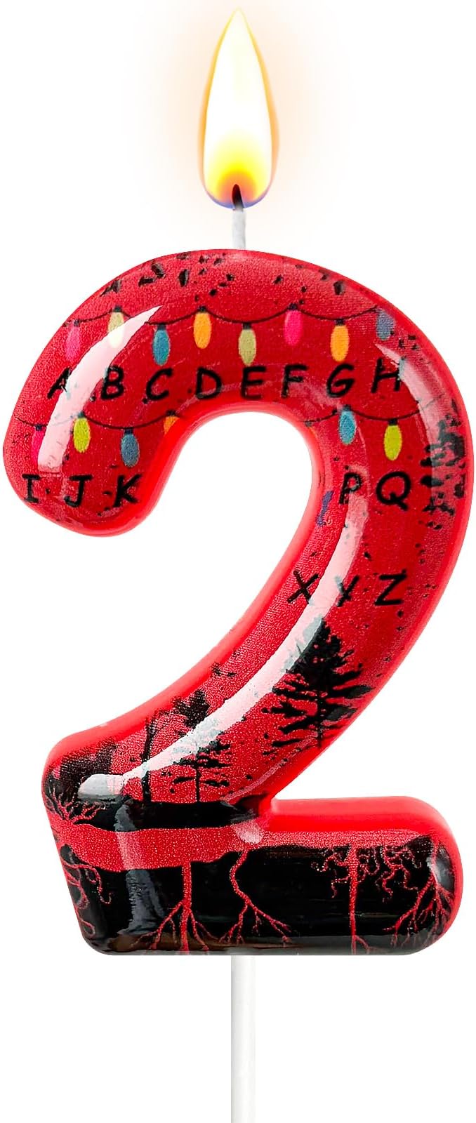 Red Number 2 Birthday Candle for Cake – Dark Horror Style with Alphabet Print & Shadow Design – Unique Cake Topper for Birthday, Anniversary, Themed Party Decoration