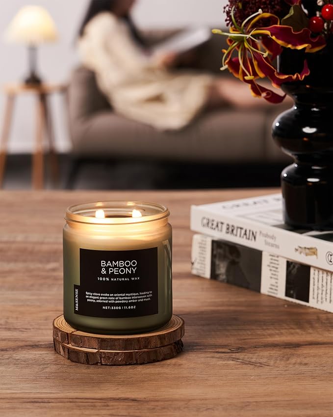 M&SENSE Bamboo Peony Scented Candles for Home, 11.6oz Natural Soy Wax, 70 Hours Slow Burning Aromatherapy Jar Candle, Home Fragrance Gifts for Stress Relief Relaxation