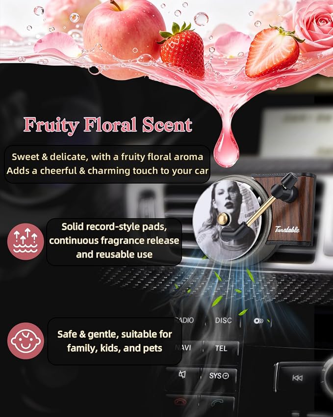 Record Player Car Air Freshener Vent Clip, 12PCS Vintage Album Style Refill Pads, Taylor Air Freshener Car Decor Accessories, Pink Fruity Floral Scent Air Fresheners for Car, Music Lovers Gifts