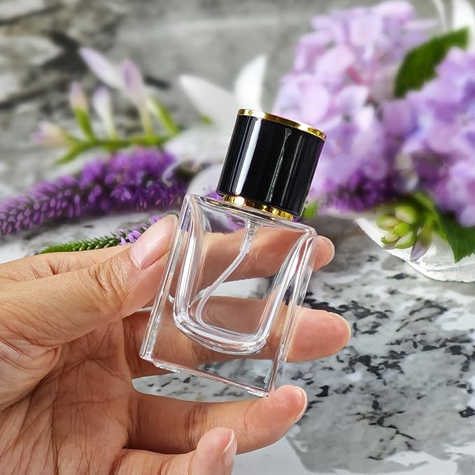 2 Pack 30ml/1 Oz Glass Spray Bottle Perfume Atomizer,Empty Travel Refillable Perfume Spray Bottle with 3 Kinds of Dispenser (Black Cap, 30ml)