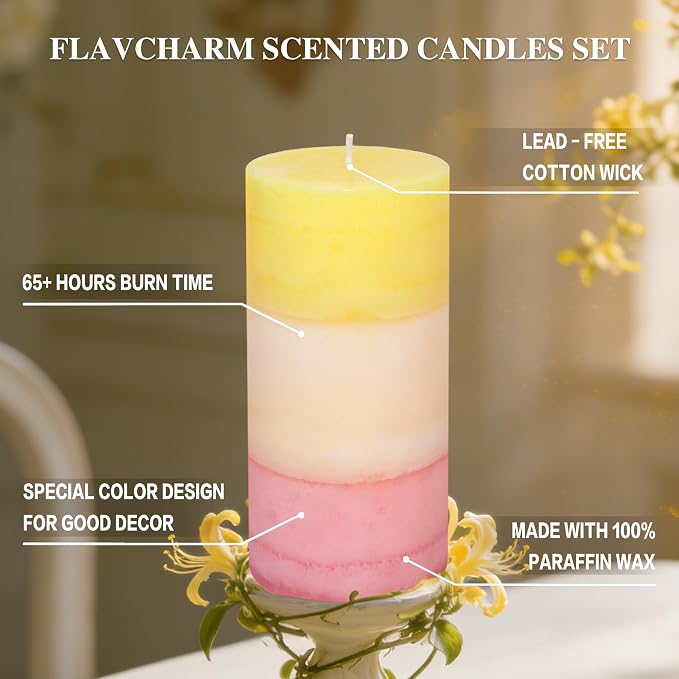 Sweet Honeysuckle Scented 3x6 Inch Pillar Candles Yellow White Pink Layered Aesthetic Decorative Home fragrances Candle for Spring Living Room Bathroom Party Decor, Set of 3