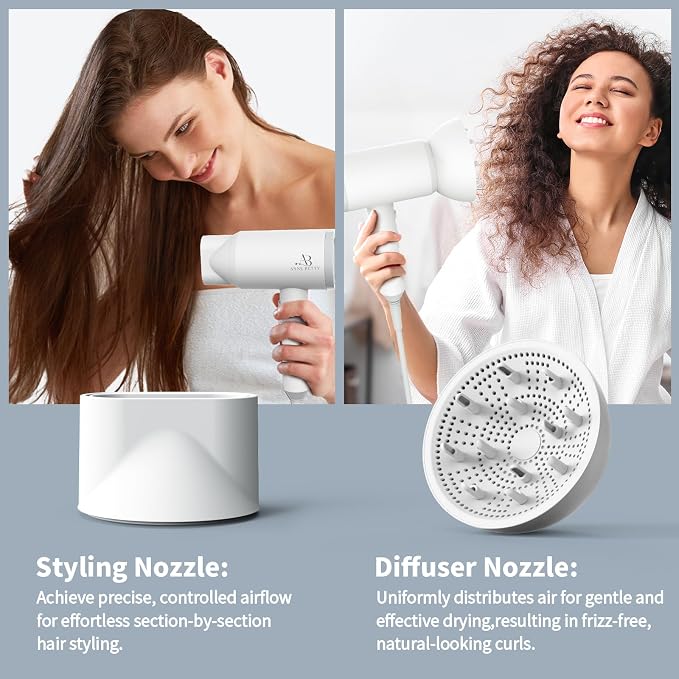 ANNE BETTY Hair Dryer with Diffuser for Curly Hair, 1800W Ionic Blow Dryer for Women & Men, Fast-Drying, Lightweight, Low Noise, Hair Care Styling Tool for Home, Travel