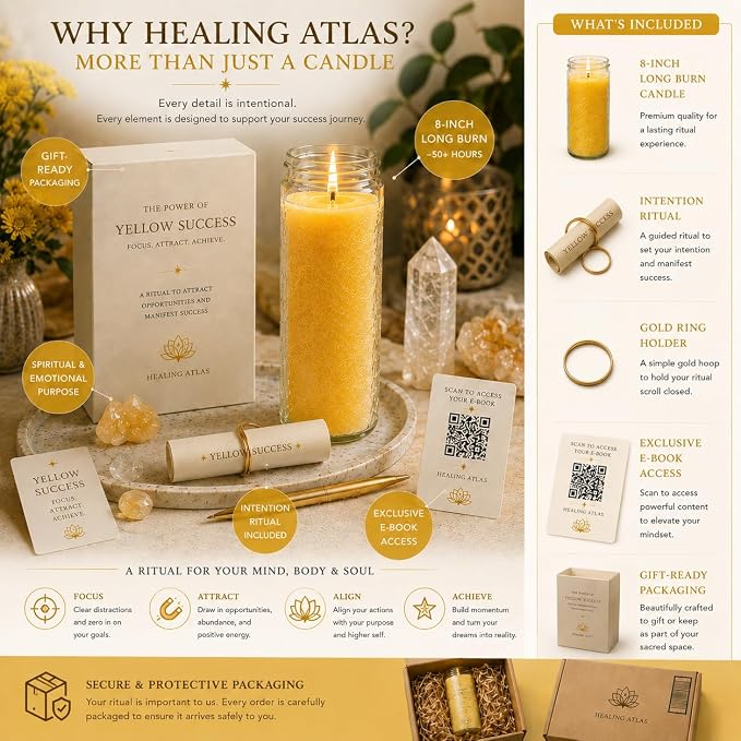 Yellow Success Manifestation Candle Kit – 8" Ritual Prayer Candle with Intention Scrolls, Pencil & QR Guide for Success, Confidence, Motivation & Achievement