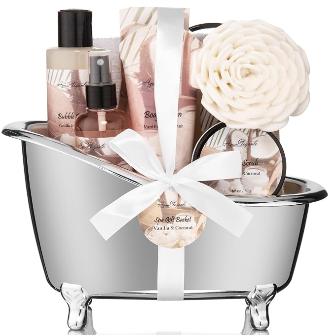 Aqua Elegante Spa Gift Basket - Luxury Bath Set with Body Wash, Bubble Bath, Lotion, Salts, Scrub, Spray, Shower Puff, Towel, Gifts for Women, Mom, Wife, Her - Coconut & Vanilla