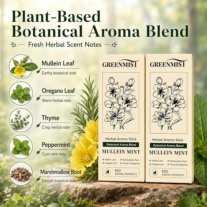 GreenMist Mullein Mint Herbal Aroma Stick 2 Pack, Plant-Based Botanical Scent, Portable Silicone Stick, Fresh Mint Thyme Oregano Notes, Yellow