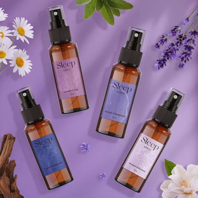 STRN Sleep Spray, Lavender Essential Oil Mist, Sleep Spray for Pillows, 4 Lavender Scented - Gardenia, Chamomile, Sandalwood, Sage, Sweet Dream Fragrance, 75 ML x 4 Packs