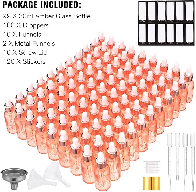 PrettyCare Glass Eye Dropper Bottles 99 Pack, 1oz (30ml) Rose Empty Thick Bottles Bulk with Leakproof Caps - With Labels & Funnels for for Storage, Travel,Essential Oils, DIY Serums