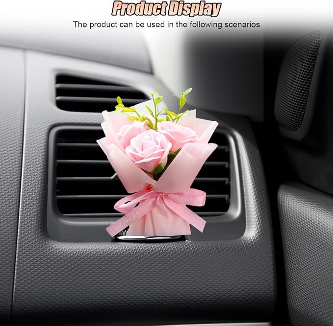 Mini Bouquet Car Air Outlet Vent Clip, Rose Car Dashboard Air Vent Trim Clips, Cute Flower Automotive Interior Diffuser Decoration Accessories for Women Present (Dreamy Pink)
