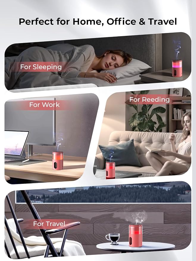 Waterless Essential Oil Diffuser: 𝟗 𝐂𝐨𝐥𝐨𝐫𝐬 𝐋𝐄𝐃 Scent Diffuser for Home&Car&Office - Portable Diffuser with 48H Battery, 4 Timers & 3 Mist Levels, Bright Red