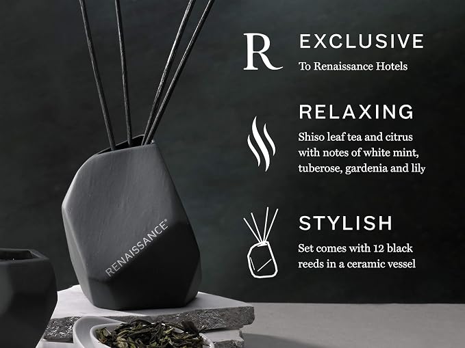Shiso Tea Reed Diffuser - Aromatherapy Diffuser Crafted by Joya Exclusively for Renaissance Hotels - Signature Shiso Tea Scent - Black Reeds in Ceramic Vessel - 8 oz.