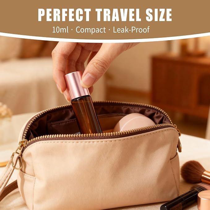 8 Pack 4 Types Roller Bottles for Essential Oils, 10ml Refillable Amber Glass Roll On Bottles with Natural Crystal Roller Balls, Leak-Proof Travel Perfume Bottle with exquisite Caps