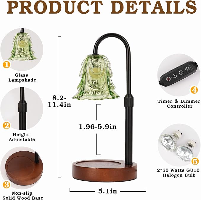 Funistree Small Candle Warmer Lamp with Timer, Adjustable Green Lamp Warmer for Jar Candles, Unique Women Gifts for Birthday, Dimmable Candle Heater, 2pcs Cute Wax Warming Light with Wood Base