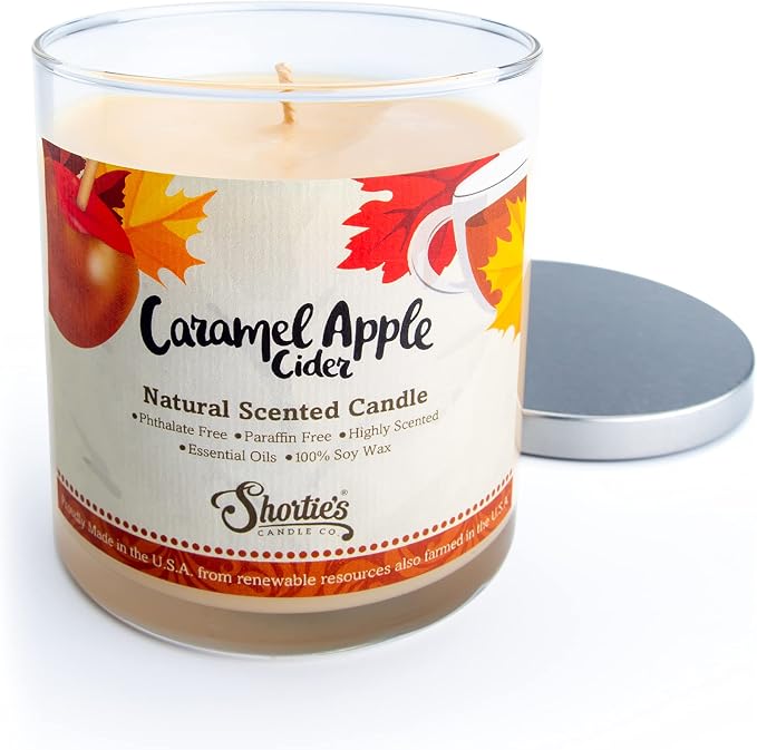 Caramel Apple Cider Scented Natural Soy Candle, Essential Fragrance Oils, 100% Soy, Phthalate & Paraben Free, Clean Burning, 9 Oz.