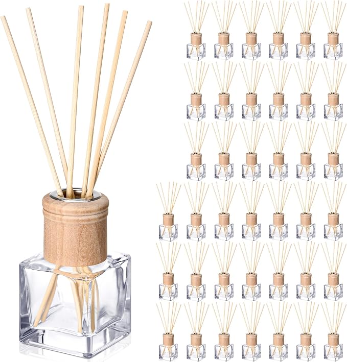 Roshtia 40 Set Reed Diffuser Bottle Empty Refillable Fragrance Glass Diffuser Bottles with Wooden Caps Rattan Sticks 50ml 1.7 oz Glass Jars for DIY Fragrance