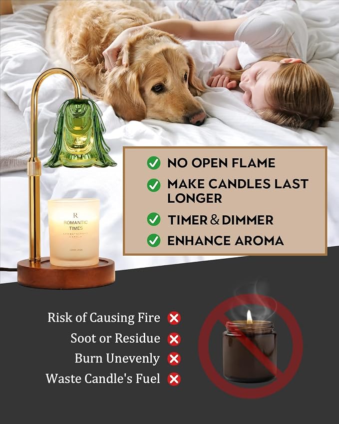 Small Candle Warmer Lamp with Timer, Adjustable Green Lamp Warmer for Jar Candles, Unique Women Gifts for Birthday, Dimmable Candle Heater, Anniversary Day Gifts, Cute Wax Warming Light with Wood Base