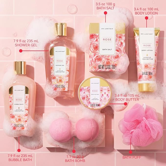spa luxetique Gift Set For Women, Bath Sets for Women Gift, 8 Pcs Rose Spa Basket Includes Bubble Bath, Shower Gel, Body Lotion, Mom Birthday Gifts, Mother‘s Day Gifts for Her